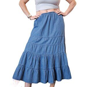 90s Womens Large Denim Jean Tiered Skirt Western Pullon Maxi Long‎ Boho Cowgirl